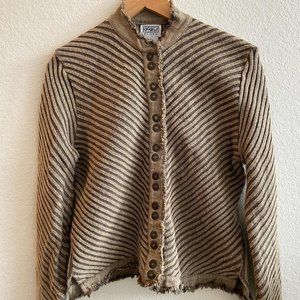 PBJBlues | Ribbed Military Cardigan | Snap Closures & Fringed Denim Trim |